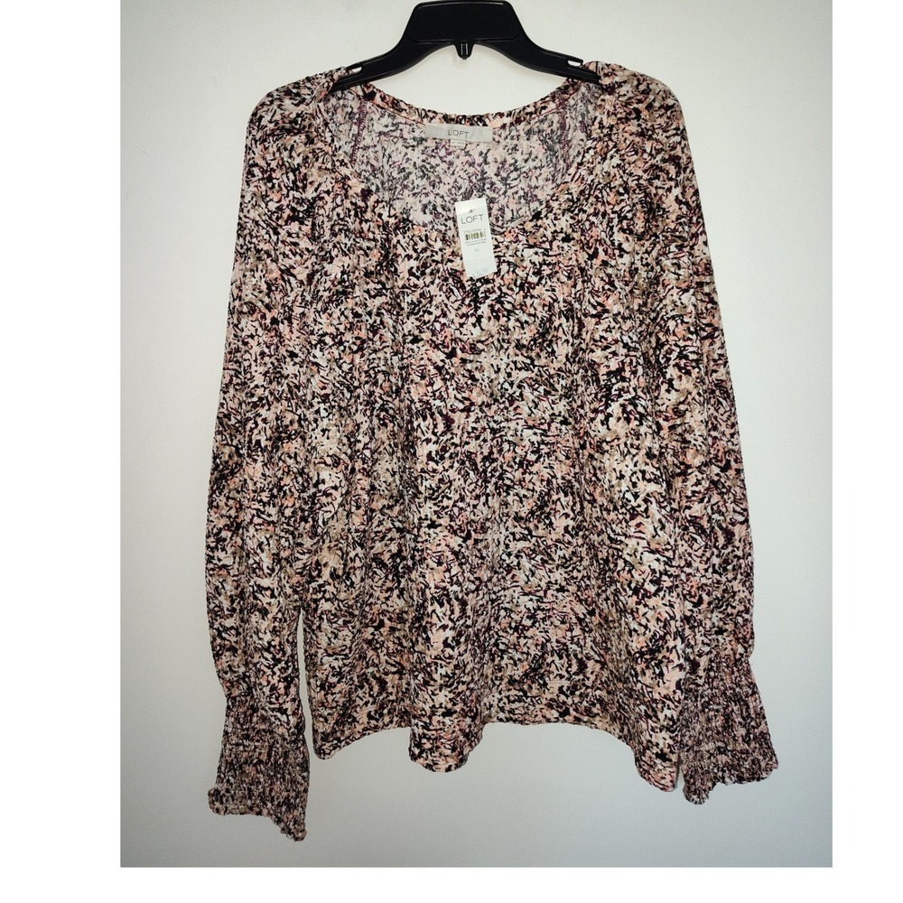 LOFT Womens XL NWT Abstract Print Smocked Cuff Long Sleeve Blouse PinkBlackWhite